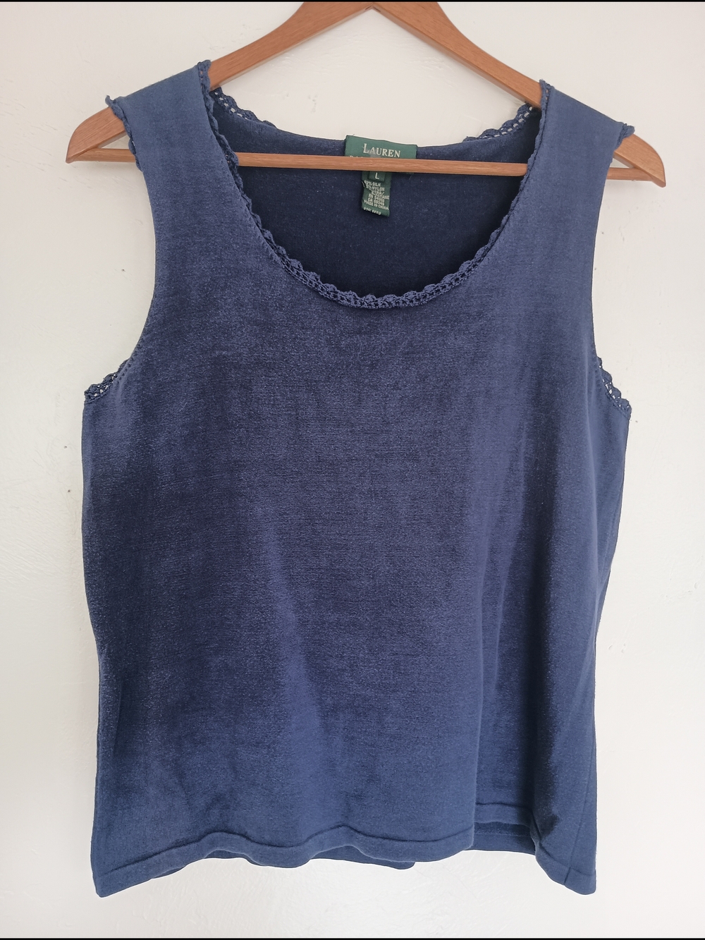 Lauren Ralph Lauren Silk Blend Tank Top Blue Knit Sleeveless Crochet Trim L